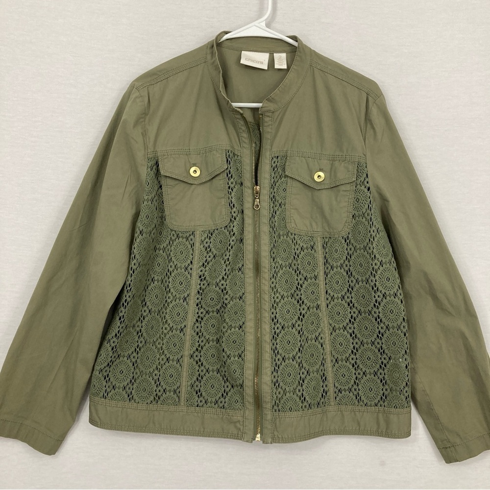 Chico's‎ Olive Green Crochet Zip Up Lightweight Jacket Large